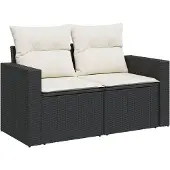 Syfax Gartensofa mit Kissen 2-Sitzer Schwarz Poly Rattan