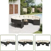 The Living Store Gartensofa mit Tisch und Kissen Rund Schwarz Poly-Rattan
