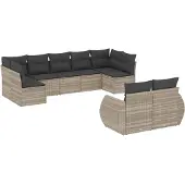 vidaXL 9-tlg. Garten-Sofagarnitur mit Kissen Hellgrau Poly Rattan