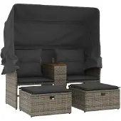 Syfax Gartensofa 2-Sitzer mit Dach und Hockern Grau Poly Rattan