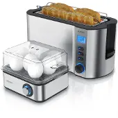 Arendo Frühstücksset 2-teilig, 4-Scheiben Langschlitztoaster, 8er Eierkocher, Silber