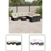 The Living Store 12-tlg. Garten-Sofagarnitur mit Kissen Schwarz Poly Rattan