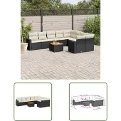 The Living Store 10-tlg. Garten-Sofagarnitur mit Kissen Schwarz Poly Rattan