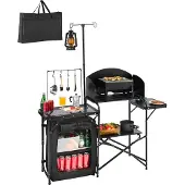 Vevor Camping Küchentisch Outdoor Kochtisch, tragbare Kochstation aus Aluminium mit Lagerschrank & Tragetasche, & abnehmbarer Windschutzscheibe, für Grillpartys Picknicks Wohnmobilreisen, schwarz