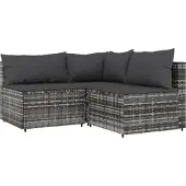 Syfax 3-tlg. Garten-Lounge-Set mit Kissen Grau Poly Rattan