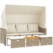 Syfax Outdoor-Sofa 3-Sitzer mit Dach und Hockern Beige Poly Rattan