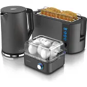 Arendo 3-teiliges Frühstücksset - Wasserkocher 1,5l, 4-Scheiben Toaster, 8er Eierkocher, Grau