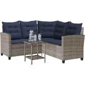 Syfax Gartensofa in L-Form mit Tisch und Kissen Grau Poly Rattan