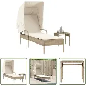 The Living Store Sonnenliege mit Dach und Tisch Beige Poly Rattan