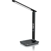 Brandson Schreibtischlampe LED Lederoptik, Tischleuchte dimmbar mit 300 Lumen, 3 Lichtfarben, 5 Helligkeitsstufen, Wecker, Kalender, Temperaturanzeige, USB-Ladeport, schwarz