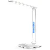 Brandson Schreibtischlampe LED mit Kalender, Alarm und Temperaturanzeige, Tischleuchte dimmbar, 450 Lumen, 3 Lichtfarben, 5 Helligkeitsstufen, Touch-Bedienung, Leselampe, weiß