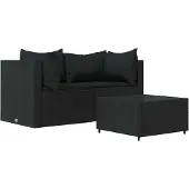 Syfax 3-tlg. Garten-Lounge-Set mit Kissen Schwarz Poly Rattan