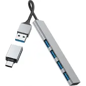 Hama USB-Adapter "USB Hub mit Adapter, 4 Ports mit USB C und USB A Stecker, Slim, grau", grau (anthrazit), B:10,7cm H:0,7cm T:2,1cm, Adapter, USB-Adapter