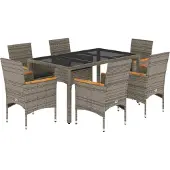Syfax 7-tlg. Garten-Essgruppe mit Kissen Grau Poly Rattan und Glas