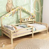 Sweiko Hausbett Kinderbett mit Ablageregal Kaminform 90x200 Natur