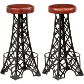 Syfax Barhocker 2er Set, Echtleder, Eiffelturm-Design, Braun und Schwarz, 40x40x76 cm