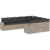 vidaXL 10-tlg. Garten-Sofagarnitur mit Kissen Hellgrau Poly Rattan