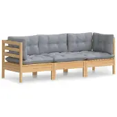 Syfax 3-Sitzer-Gartensofa mit Grauen Kissen Massivholz Kiefer