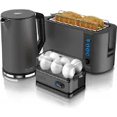 Arendo 3-teiliges Frühstücksset - Wasserkocher 1,5l, 4-Scheiben Toaster, 6er Eierkocher, Grau