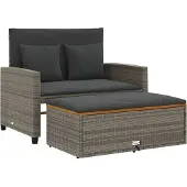 Syfax Gartensofa mit Kissen 2-Sitzer Grau Poly Rattan & Akazienholz