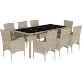 Syfax 9-tlg. Garten-Essgruppe mit Kissen Hellgrau Poly Rattan & Glas