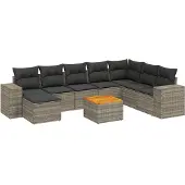 Syfax 9-tlg. Garten-Sofagarnitur mit Kissen Grau Poly Rattan