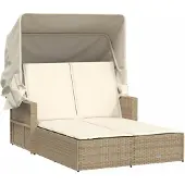 Syfax Doppel-Sonnenliege mit Dach und Auflagen Beige Poly Rattan