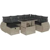 Syfax 8-tlg. Garten-Sofagarnitur mit Kissen Hellgrau Poly Rattan