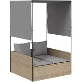 Syfax Doppel-Sonnenliege mit Dach und Vorhängen Beige Poly Rattan
