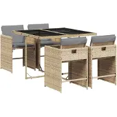 Syfax 5-tlg. Garten-Essgruppe mit Kissen Beigemischung Poly Rattan