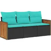 Syfax 3-teiliges Gartensofa-Set mit Kissen, schwarzes Polyrattan