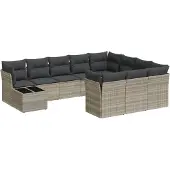 Syfax 11-tlg. Garten-Sofagarnitur mit Kissen Hellgrau Poly Rattan