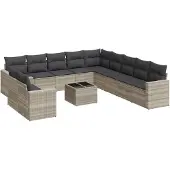 Syfax 12-tlg. Garten-Sofagarnitur mit Kissen Hellgrau Poly Rattan