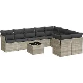 Syfax 10-tlg. Garten-Sofagarnitur mit Kissen Hellgrau Poly Rattan