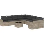 Syfax 11-tlg. Garten-Sofagarnitur mit Kissen Hellgrau Poly Rattan