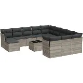 Syfax 13-tlg. Garten-Sofagarnitur mit Kissen Hellgrau Poly Rattan