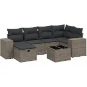 Syfax 7-tlg. Garten-Sofagarnitur mit Kissen Hellgrau Poly Rattan