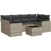 Syfax 7-tlg. Garten-Sofagarnitur mit Kissen Hellgrau Poly Rattan