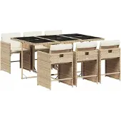 Syfax 7-tlg. Garten-Essgruppe mit Kissen Beige Poly Rattan