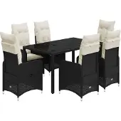 Syfax 7-tlg. Garten-Bistro-Set mit Kissen Schwarz Poly Rattan