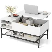 Costway Couchtisch mit anhebbarer Platte, Wohnzimmertisch mit verstecktem Staufach und herausnehmbarer Ablage, Sofatisch und Metallrahmen weiß