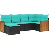 Syfax 6-teiliges Gartensofa-Set mit Kissen, schwarzes Polyrattan