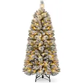 Costway 150 cm Künstlicher Weihnachtsbaum mit Beleuchtung, Pop Up Tannenbaum mit 130 warmweiße LED-Lichtern & 378 Zweigspitzen, beflockter Christbaum