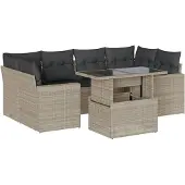 Syfax 7-tlg. Garten-Sofagarnitur mit Kissen Hellgrau Poly Rattan
