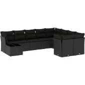Syfax 10-tlg. Garten-Sofagarnitur mit Kissen Schwarz Poly Rattan