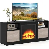 Costway TV-Schrank mit LED-Lichtern für 65" Fernseher, Fernsehschrank mit verstellbarem Regal & offenem Fach für Einbaukamin, TV Lowboard, Schwarz