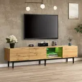 Merax TV-Lowboard, LED-Beleuchtung inkl. Fernbedienung, mit Glasablage, Eiche