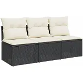 Syfax Gartensofa mit Kissen 3-Sitzer Schwarz Poly Rattan