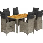 Syfax 7-tlg. Garten-Bistro-Set mit Kissen Grau Poly Rattan