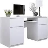 3Xeliving Schreibtisch: 2 Schubladen, Mattweiß, 135 x 77 x 50 cm